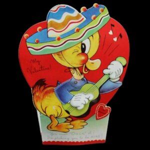 Vintage valentine A-Meri-Card stand up mechanical duck it ukulele sombrero NOS
